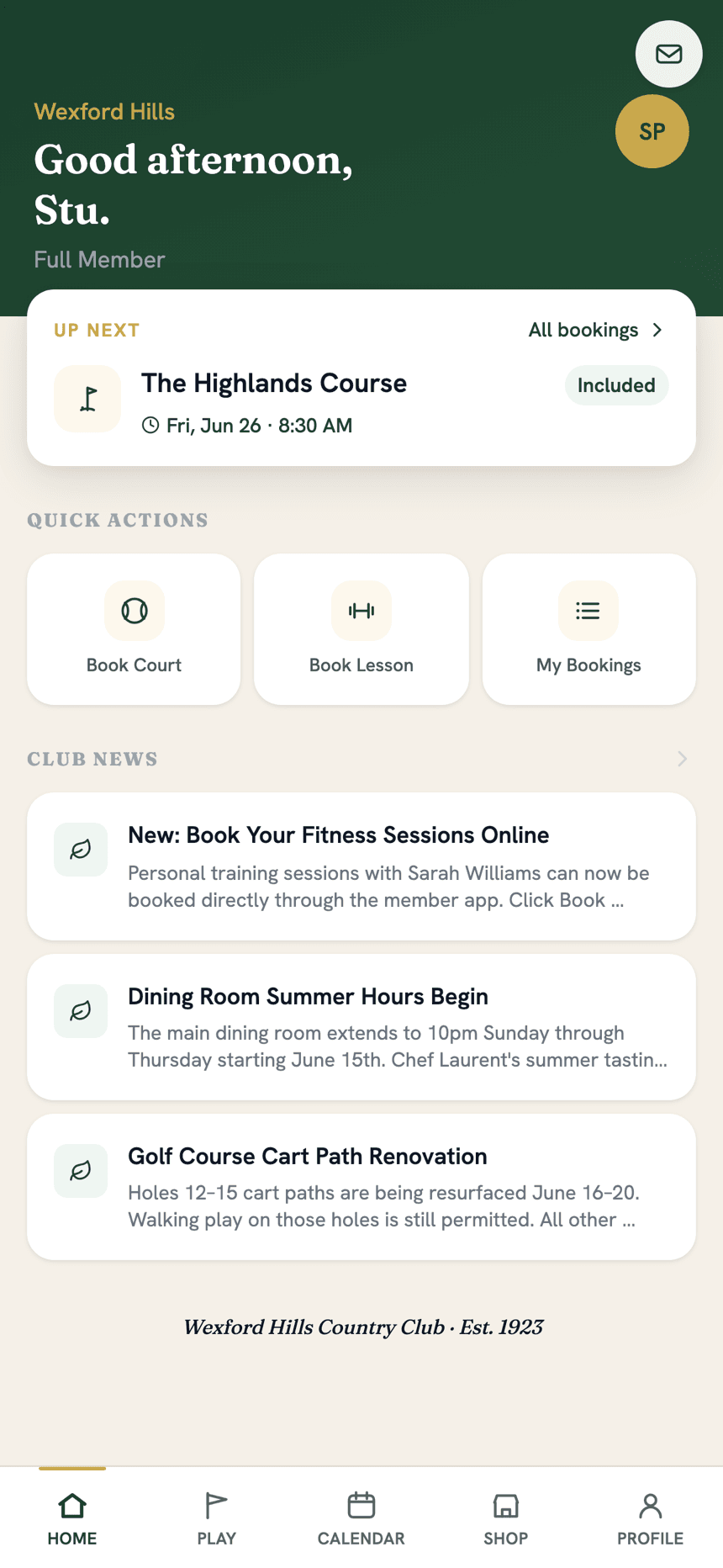 The ClubCore member app home screen showing an upcoming tee time and quick actions
